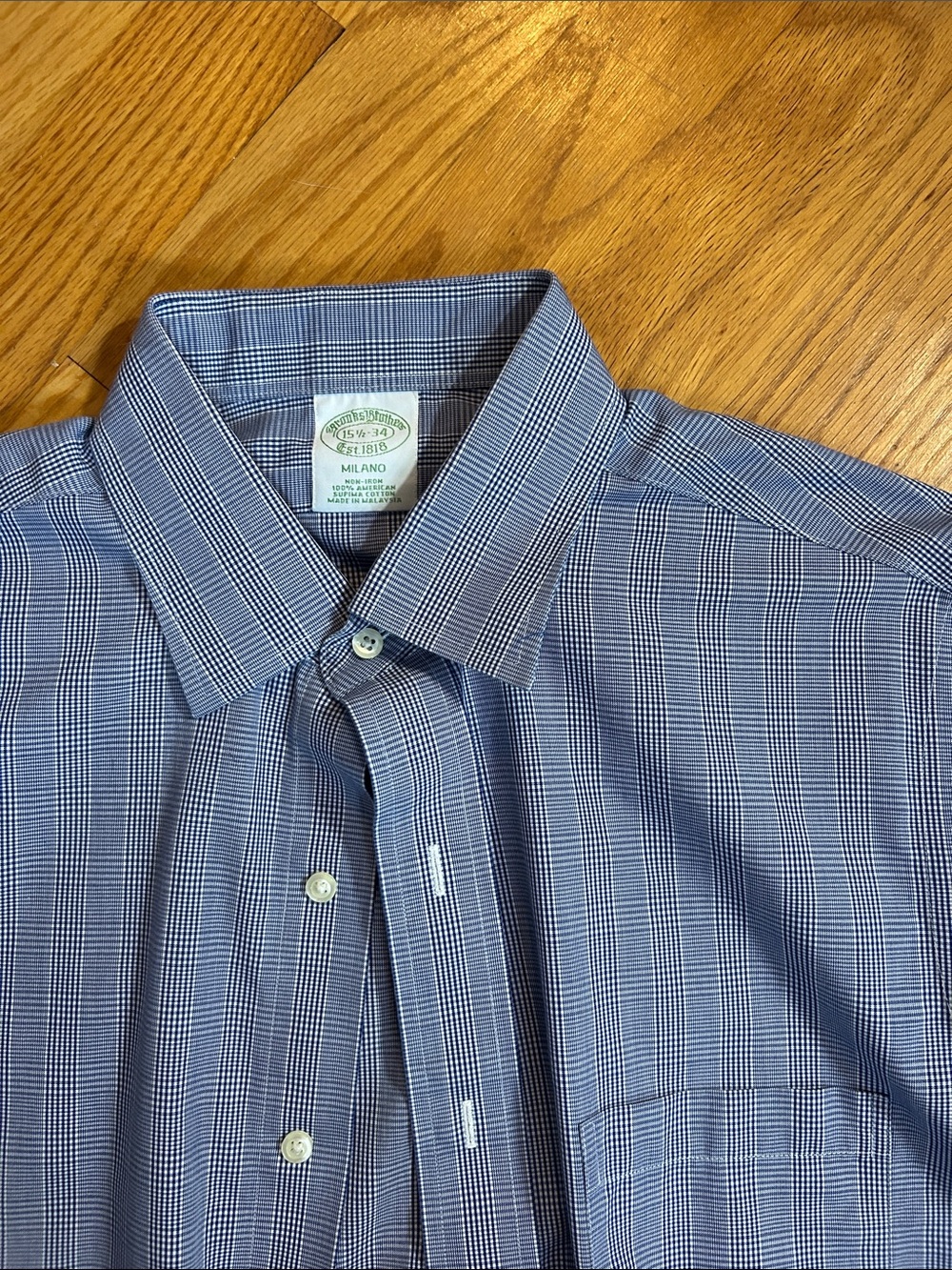 Brooks Brother Milano Blue and White Micro-Check Dress Shirt